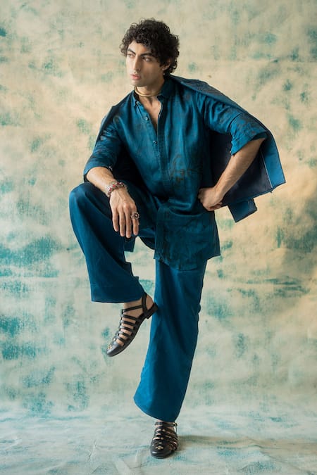 Shop_Jatin Malik_Blue Linen, Silk Embroidery Thistle Kurta Pant Set _at_Aza_Fashions