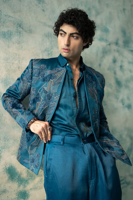 Jatin Malik_Blue Linen, Silk Embroidery Thistle Kurta Pant Set _Online_at_Aza_Fashions