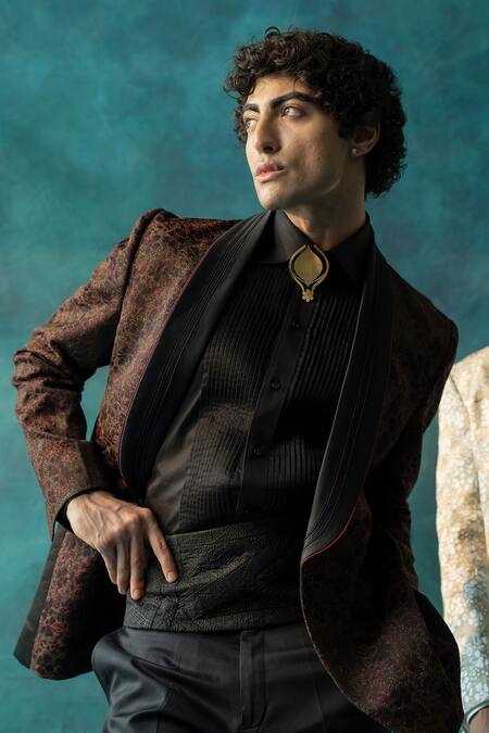 Jatin Malik Black Linen, Silk, Cotton Embroidery, Zari Floral Pattern Tuxedo Pant Set Online at Aza Fashions Jatin Malik_Black Linen, Silk, Cotton Embroidery, Zari Floral Pattern Tuxedo Pant Set _Online_at_Aza_Fashions