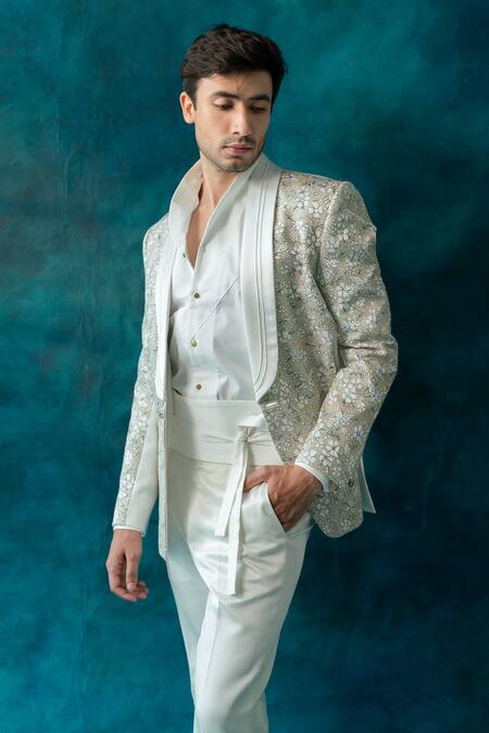 Jatin Malik_Ivory Cotton, Linen, Silk Embroidery Snowline Tuxedo Pant Set _Online_at_Aza_Fashions