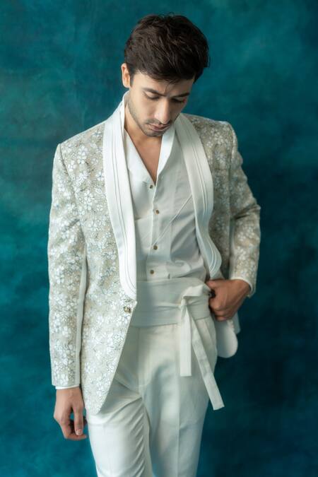 Buy_Jatin Malik_Ivory Cotton, Linen, Silk Embroidery Snowline Tuxedo Pant Set _Online_at_Aza_Fashions
