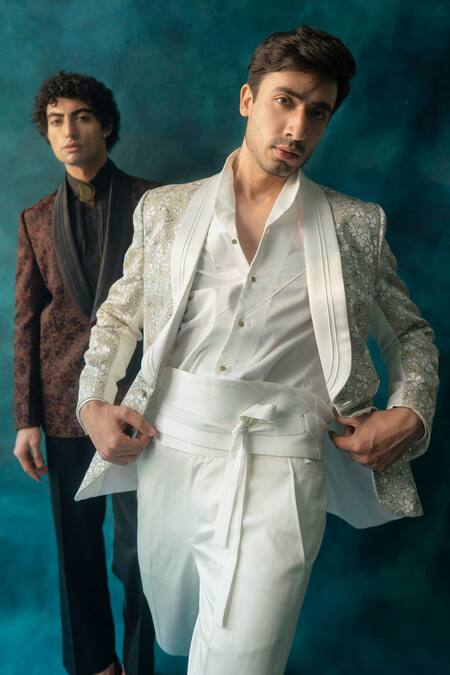 Shop_Jatin Malik_Ivory Cotton, Linen, Silk Embroidery Snowline Tuxedo Pant Set _Online_at_Aza_Fashions