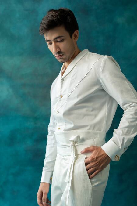 Jatin Malik_Ivory Cotton, Linen, Silk Embroidery Snowline Tuxedo Pant Set _at_Aza_Fashions