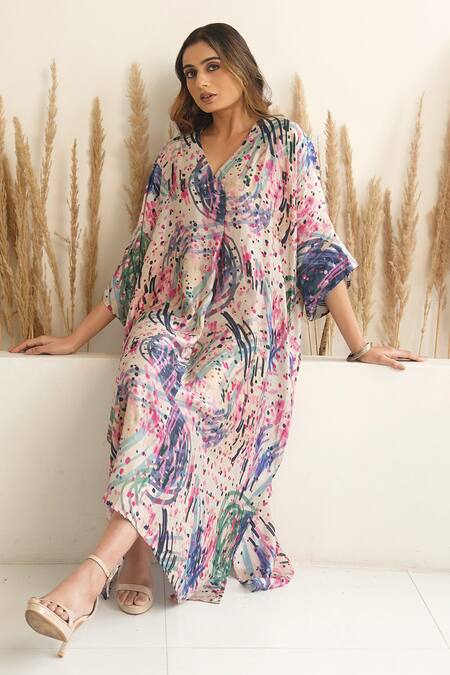 Meghna Panchmatia_Ivory Silk V-neck Abstract Print Kaftan _Online_at_Aza_Fashions