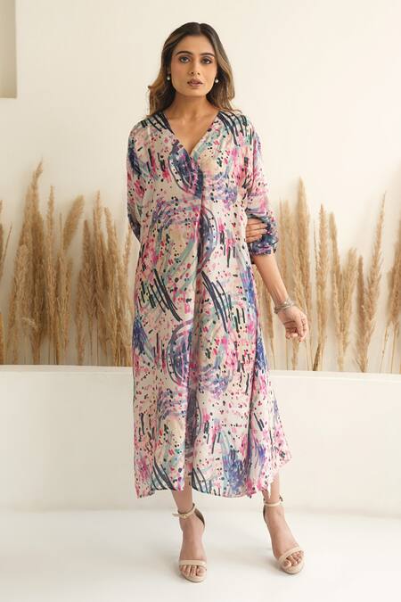 Buy_Meghna Panchmatia_Ivory Silk V-neck Abstract Print Kaftan _Online_at_Aza_Fashions