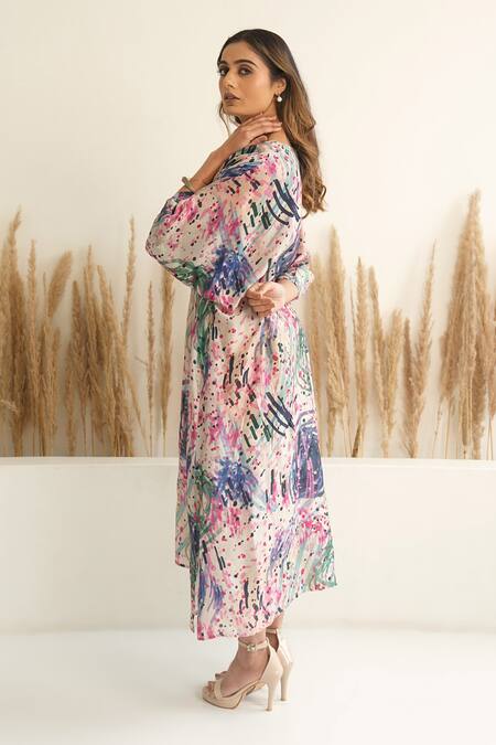 Shop_Meghna Panchmatia_Ivory Silk V-neck Abstract Print Kaftan _Online_at_Aza_Fashions