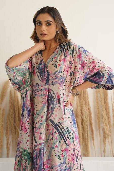 Meghna Panchmatia_Ivory Silk V-neck Abstract Print Kaftan _at_Aza_Fashions