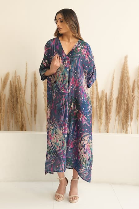 Meghna Panchmatia Blue Silk Print Abstract V Neck Kaftan 