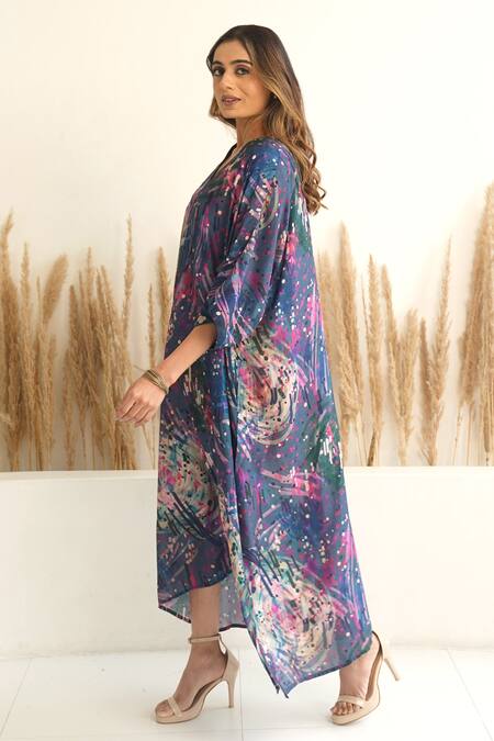 Meghna Panchmatia_Blue Silk V-neck Abstract Print Kaftan _Online_at_Aza_Fashions