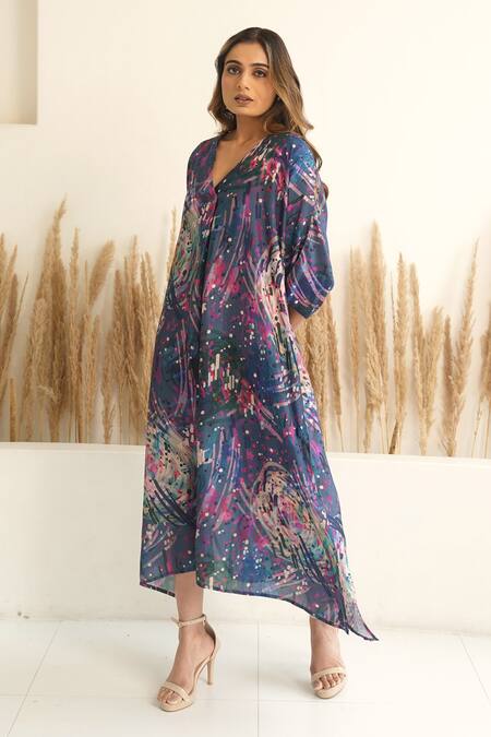 Buy_Meghna Panchmatia_Blue Silk V-neck Abstract Print Kaftan _Online_at_Aza_Fashions