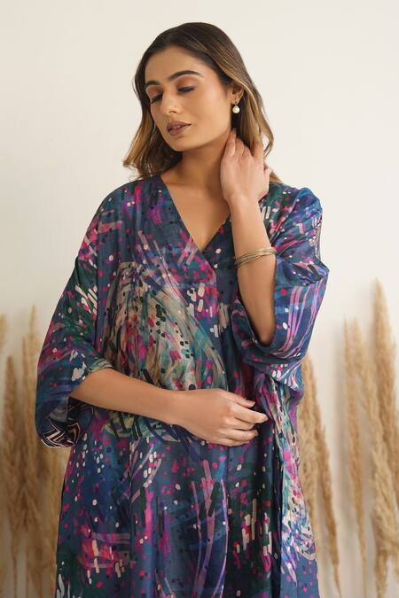 Shop_Meghna Panchmatia_Blue Silk V-neck Abstract Print Kaftan _Online_at_Aza_Fashions