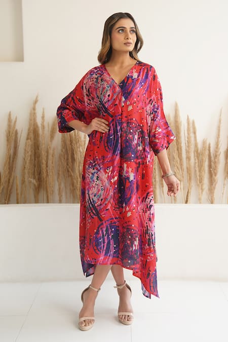 Meghna Panchmatia Red Silk Print Abstract V Neck Asymmetric Kaftan 