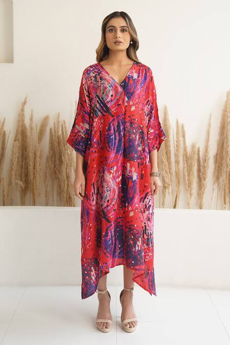 Meghna Panchmatia_Red Silk V-neck Abstract Print Asymmetric Kaftan _Online_at_Aza_Fashions