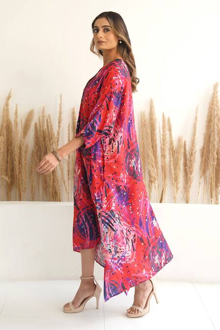 Shop_Meghna Panchmatia_Red Silk V-neck Abstract Print Asymmetric Kaftan _Online_at_Aza_Fashions