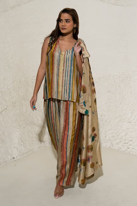 Meghna Panchmatia Floral Print Silk Jacket & Pant Set 