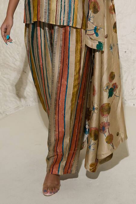 Meghna Panchmatia_Beige Silk Embroidery Collared Floral Print Jacket And Pant Set _Online_at_Aza_Fashions