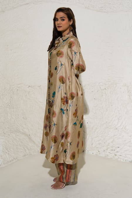 Buy_Meghna Panchmatia_Beige Silk Embroidery Collared Floral Print Jacket And Pant Set _Online_at_Aza_Fashions