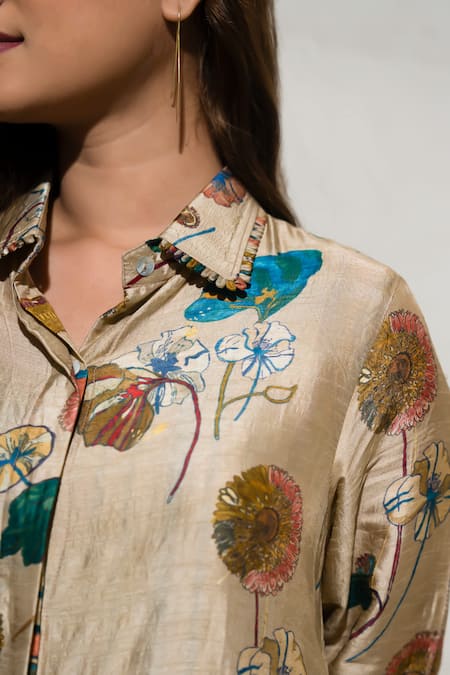 Shop_Meghna Panchmatia_Beige Silk Embroidery Collared Floral Print Jacket And Pant Set _Online_at_Aza_Fashions