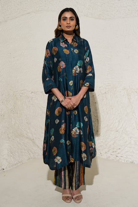 Meghna Panchmatia Blue Silk Print Floral Collared Neck Jacket With Pant 