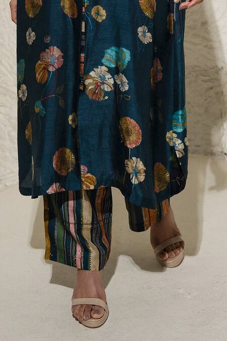 Meghna Panchmatia Blue Silk Embroidery Collared Floral Print Jacket With Pant at Aza Fashions Meghna Panchmatia_Blue Silk Embroidery Collared Floral Print Jacket With Pant _at_Aza_Fashions
