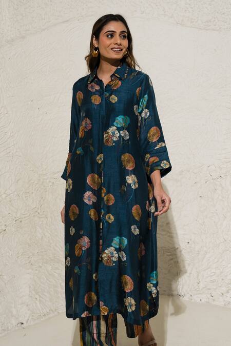 Buy Meghna Panchmatia Blue Silk Embroidery Collared Floral Print Jacket With Pant Buy_Meghna Panchmatia_Blue Silk Embroidery Collared Floral Print Jacket With Pant