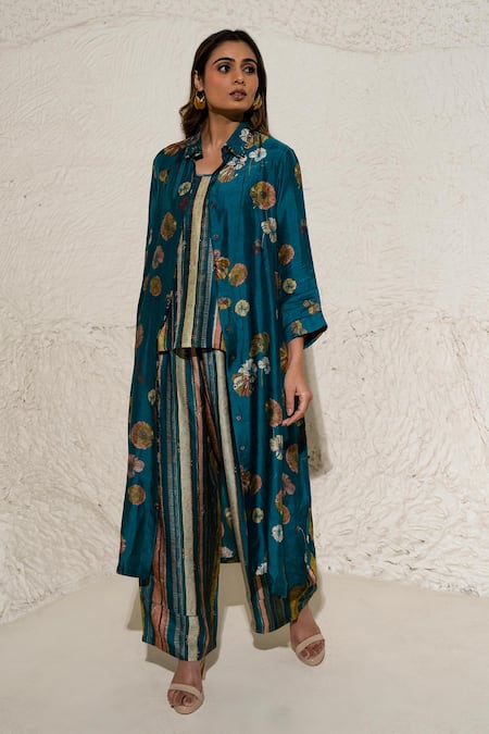 Meghna Panchmatia Flower Print Silk Jacket With Pant 