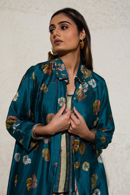 Buy Meghna Panchmatia Green Silk Embroidery Collared Flower Print Jacket With Pant Online at Aza Fashions Buy_Meghna Panchmatia_Green Silk Embroidery Collared Flower Print Jacket With Pant _Online_at_Aza_Fashions