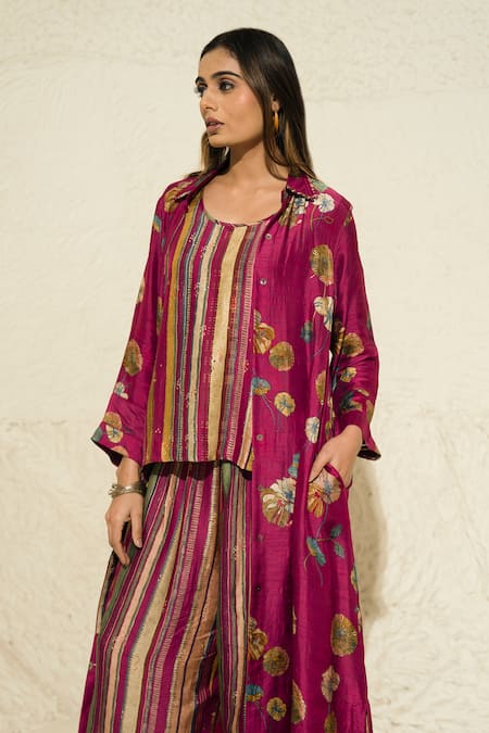 Meghna Panchmatia Flower Butti Print Silk Jacket With Pant 