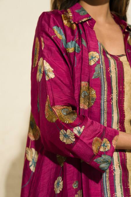 Meghna Panchmatia_Pink Silk Embroidery Collared Flower Butti Print Jacket With Pant _Online_at_Aza_Fashions