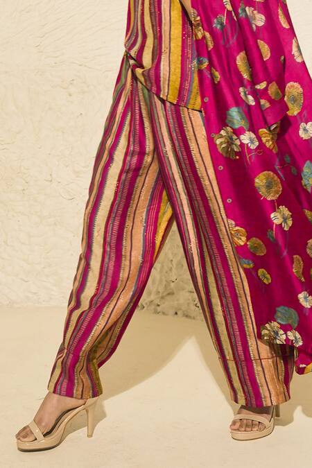 Buy_Meghna Panchmatia_Pink Silk Embroidery Collared Flower Butti Print Jacket With Pant _Online_at_Aza_Fashions