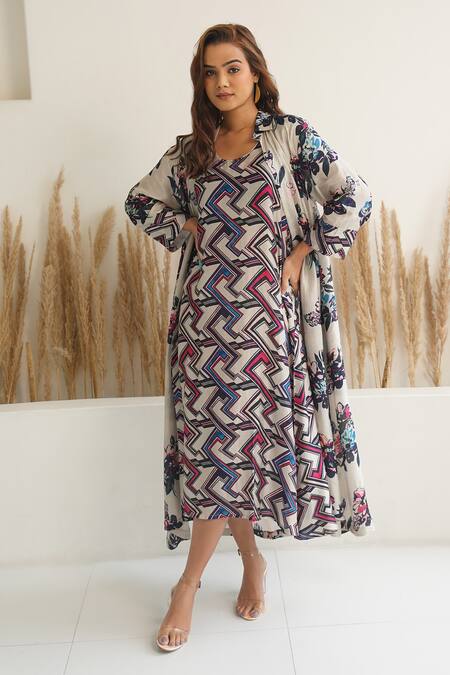 Meghna Panchmatia_Beige Silk Collared Abstract Print Dress With Jacket _Online_at_Aza_Fashions
