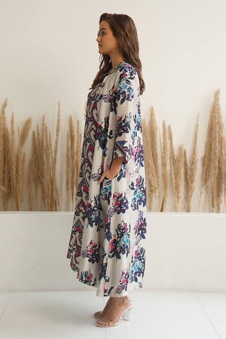 Buy_Meghna Panchmatia_Beige Silk Collared Abstract Print Dress With Jacket _Online_at_Aza_Fashions