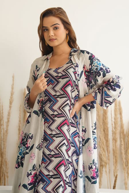 Meghna Panchmatia_Beige Silk Collared Abstract Print Dress With Jacket _at_Aza_Fashions