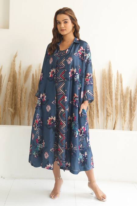 Meghna Panchmatia_Blue Silk Embroidery Collared Abstract Print Dress With Jacket _Online_at_Aza_Fashions