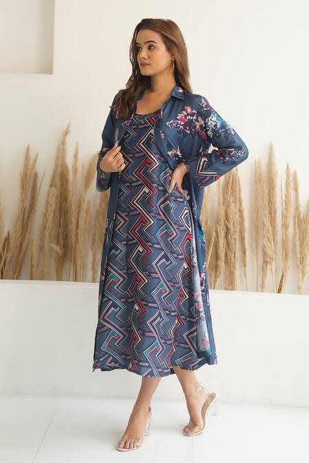 Buy_Meghna Panchmatia_Blue Silk Embroidery Collared Abstract Print Dress With Jacket _Online_at_Aza_Fashions
