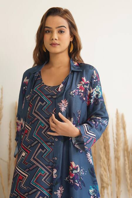 Shop_Meghna Panchmatia_Blue Silk Embroidery Collared Abstract Print Dress With Jacket _Online_at_Aza_Fashions