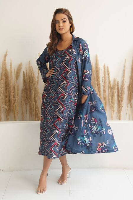 Meghna Panchmatia_Blue Silk Embroidery Collared Abstract Print Dress With Jacket _at_Aza_Fashions