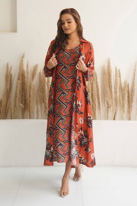 Meghna Panchmatia_Red Silk Embroidery Collared Abstract Print Dress With Jacket _Online_at_Aza_Fashions