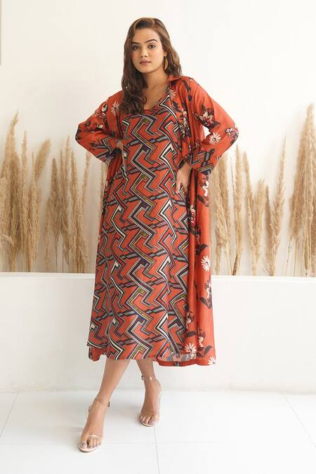 Buy_Meghna Panchmatia_Red Silk Embroidery Collared Abstract Print Dress With Jacket _Online_at_Aza_Fashions