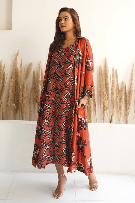 Shop_Meghna Panchmatia_Red Silk Embroidery Collared Abstract Print Dress With Jacket _Online_at_Aza_Fashions