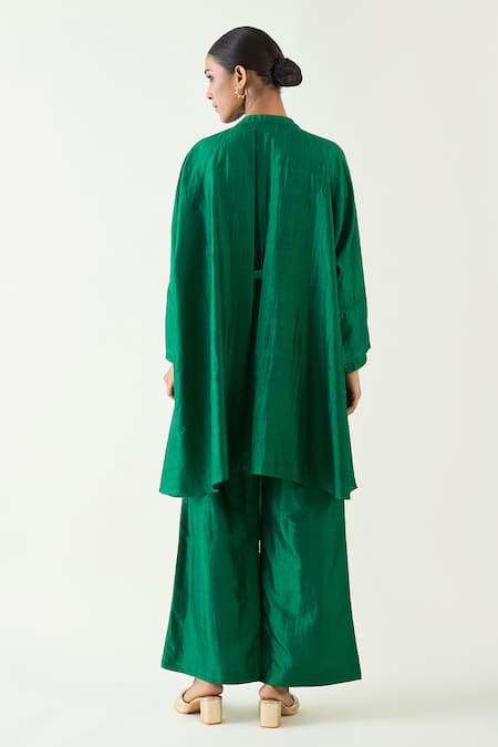 Shop_Shivani Bhargava_Green Silk Solid Band Collar Ira Asymmetric Hem Kimono Tunic _at_Aza_Fashions