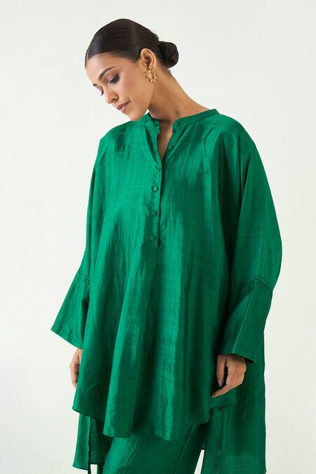 Shop_Shivani Bhargava_Green Silk Solid Band Collar Ira Asymmetric Hem Kimono Tunic 