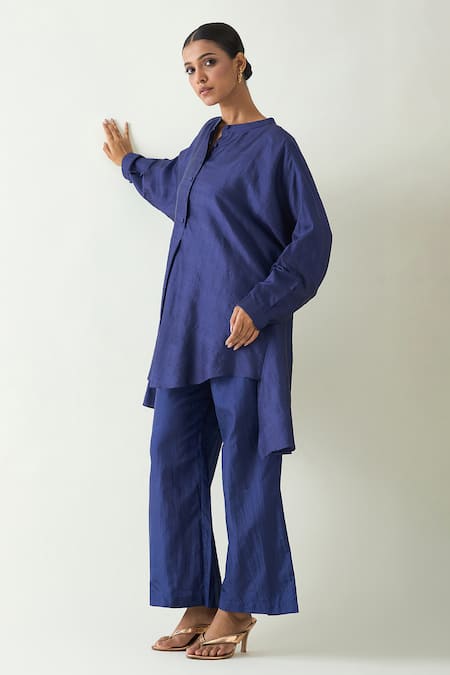 Shivani Bhargava_Purple Silk Solid Band Collar Ira Asymmetric Hem Kimono Tunic _at_Aza_Fashions