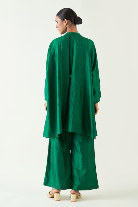 Shop Shivani Bhargava Green Silk Solid Band Collar Ira Asymmetric Hem Kimono Tunic With Pant at Aza Fashions Shop_Shivani Bhargava_Green Silk Solid Band Collar Ira Asymmetric Hem Kimono Tunic With Pant _at_Aza_Fashions