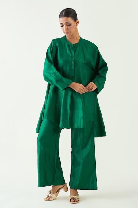 Shivani Bhargava Green Silk Solid Band Collar Ira Asymmetric Hem Kimono Tunic With Pant Online at Aza Fashions Shivani Bhargava_Green Silk Solid Band Collar Ira Asymmetric Hem Kimono Tunic With Pant _Online_at_Aza_Fashions