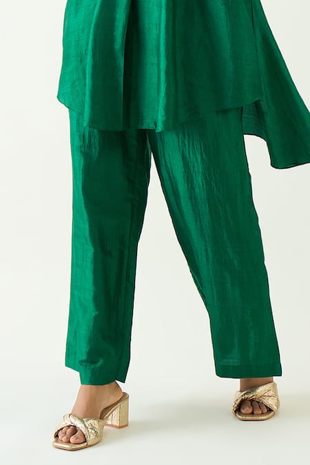Buy Shivani Bhargava Green Silk Solid Band Collar Ira Asymmetric Hem Kimono Tunic With Pant Online at Aza Fashions Buy_Shivani Bhargava_Green Silk Solid Band Collar Ira Asymmetric Hem Kimono Tunic With Pant _Online_at_Aza_Fashions