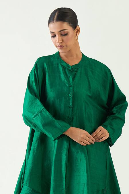 Shivani Bhargava Green Silk Solid Band Collar Ira Asymmetric Hem Kimono Tunic With Pant at Aza Fashions Shivani Bhargava_Green Silk Solid Band Collar Ira Asymmetric Hem Kimono Tunic With Pant _at_Aza_Fashions