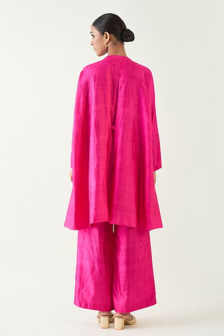 Shop Shivani Bhargava Pink Silk Solid Band Collar Ira Asymmetric Hem Kimono Tunic With Pant at Aza Fashions Shop_Shivani Bhargava_Pink Silk Solid Band Collar Ira Asymmetric Hem Kimono Tunic With Pant _at_Aza_Fashions