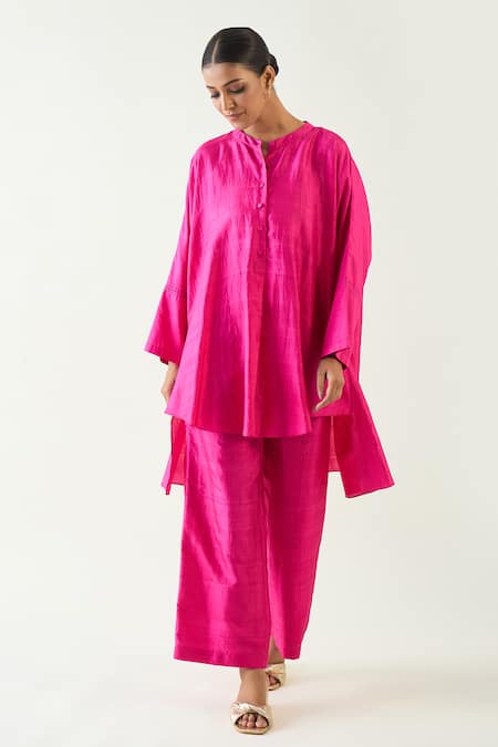 Shivani Bhargava Pink Silk Solid Band Collar Ira Asymmetric Hem Kimono Tunic With Pant Online at Aza Fashions Shivani Bhargava_Pink Silk Solid Band Collar Ira Asymmetric Hem Kimono Tunic With Pant _Online_at_Aza_Fashions