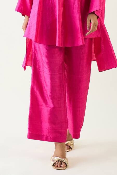 Buy Shivani Bhargava Pink Silk Solid Band Collar Ira Asymmetric Hem Kimono Tunic With Pant Online at Aza Fashions Buy_Shivani Bhargava_Pink Silk Solid Band Collar Ira Asymmetric Hem Kimono Tunic With Pant _Online_at_Aza_Fashions